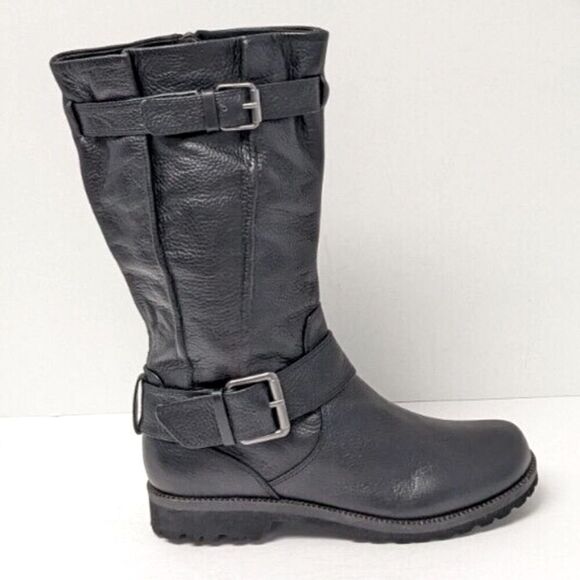 Gentle Souls BUCKLE UP Black Leather Buckle Side Zip Up Calf High Moto Boots - Picture 6 of 16